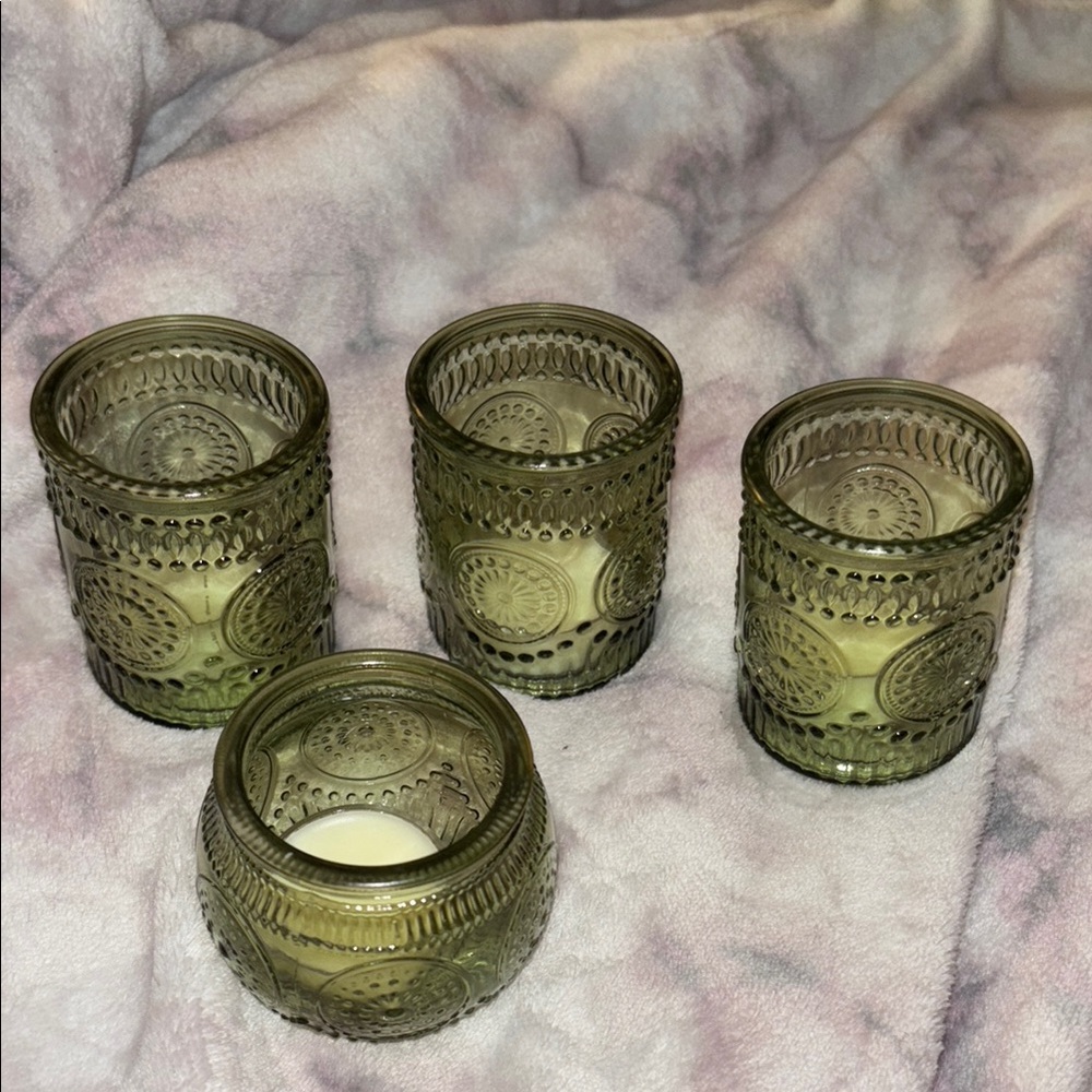 Textured Green Glass Candle Holders with Decorative Rim